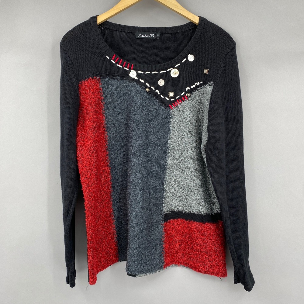 Lulu-B Colorblock Embellished Sweater Womens XL Red Grey Black Art to Wear Goth‎
